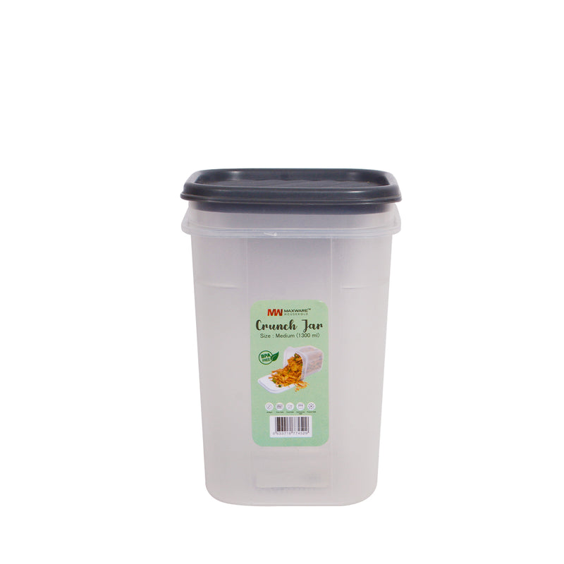 1pc Crunch Jar Medium – 1300 ml Plastic Airtight Food Storage Container (White, Red, Grey, Brown Lid Options) - Habitt
