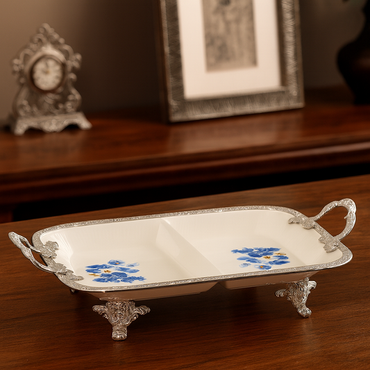 Luxury 2-Section Serving Dish – Blue Floral Design (Small) | 34 × 23 cm