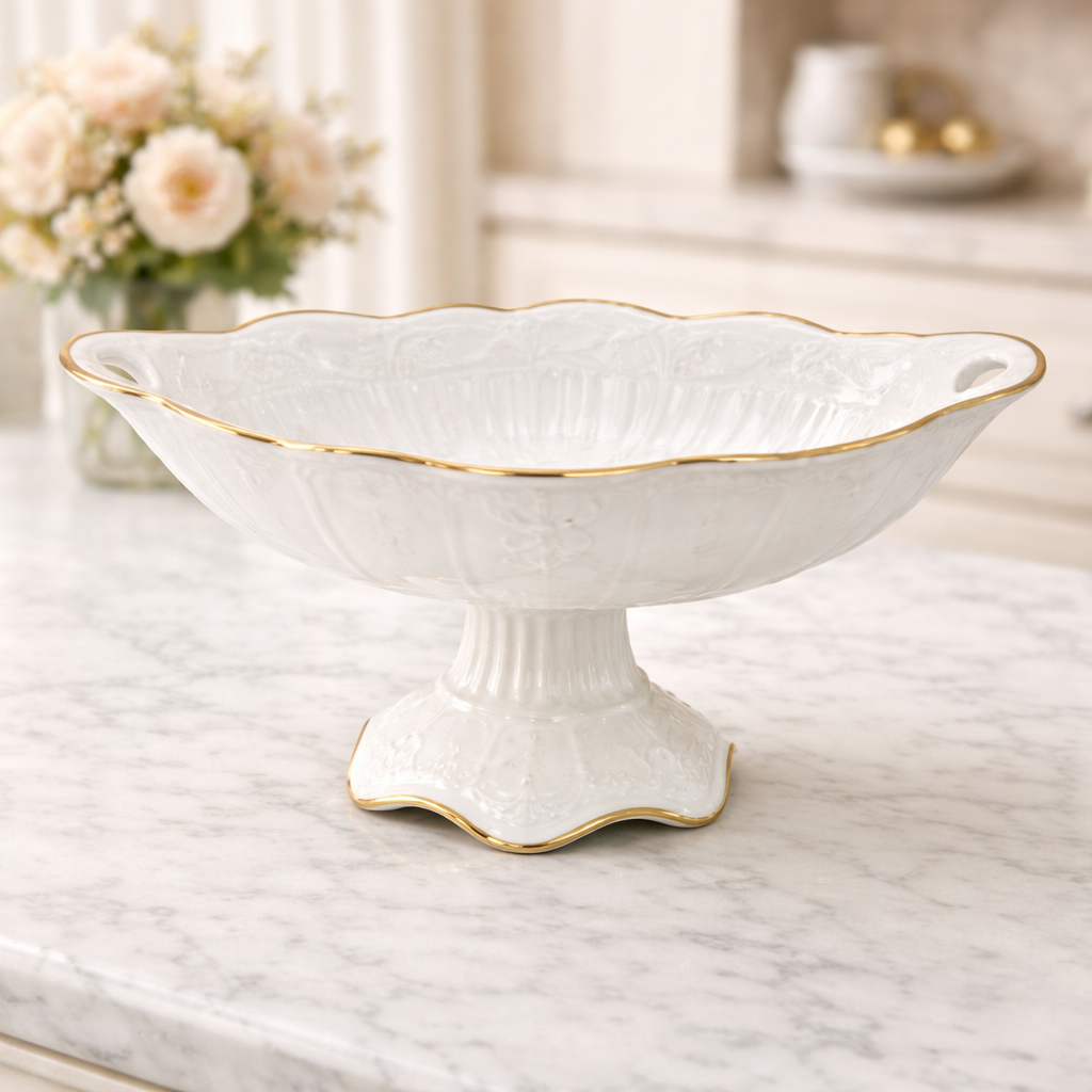 Medium White Porcelain Fruit Bowl with Gold Trim – Elegant Pedestal Serving Bowl