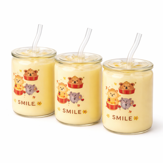 1 Pc Cute Cartoon Glass Mug Tumbler with Straw & Lid – Smile Bear Design Drinking Cup - Habitt