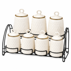 7 Pcs Canister Set with Ceramic Lid 2946 – White Textured Kitchen Storage Jars