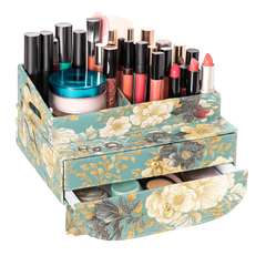 Teal Floral Beauty Organizer Multi-Slot Makeup Holder with Dual Drawer