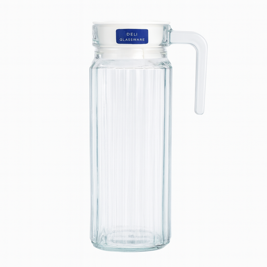 Ribbed Clear Glass Jug 1100 ml with Handle & Lid – Slim Water & Juice Pitcher for Everyday Serving
