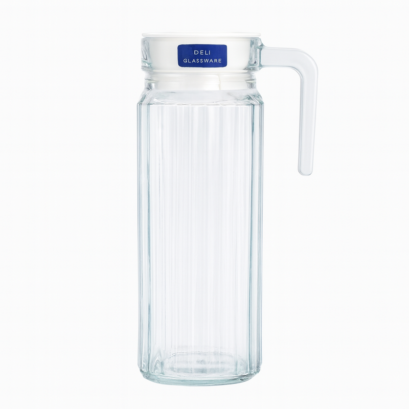 Ribbed Clear Glass Jug 1100 ml with Handle & Lid – Slim Water & Juice Pitcher for Everyday Serving - Habitt