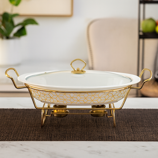 Elegant 11" Oval Ceramic Casserole With Gold Metal Stand – Premium Serving &  Warming Dish