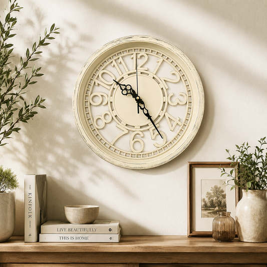 Heritage Cambridge Classic Wall Clock 15 x 15 Inch – Elegant Vintage Cream Dial with Raised Numerals (Plastic)