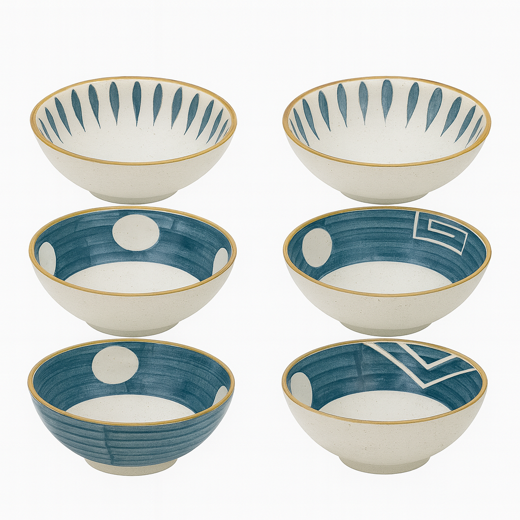 6-Piece Ceramic Bowl Set – Blue & White Modern Patterns (JMJ-005)