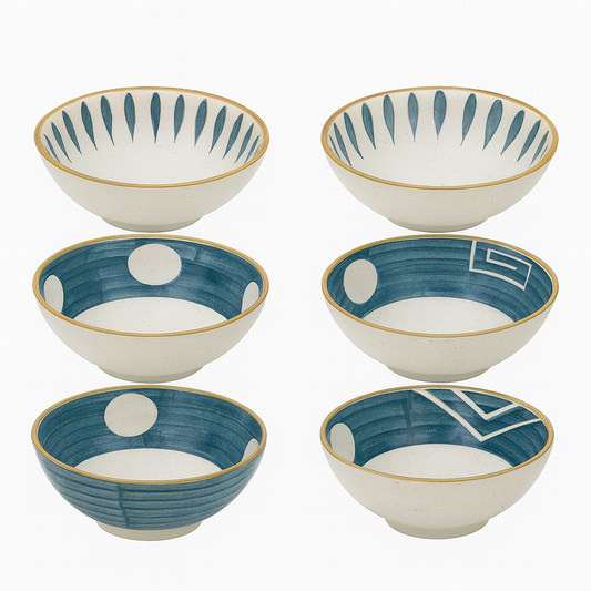 6-Piece Ceramic Bowl Set – Blue & White Modern Patterns (JMJ-005)