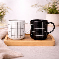 Ceramic Grid Pattern Mug Set – Black & White Coffee Cups