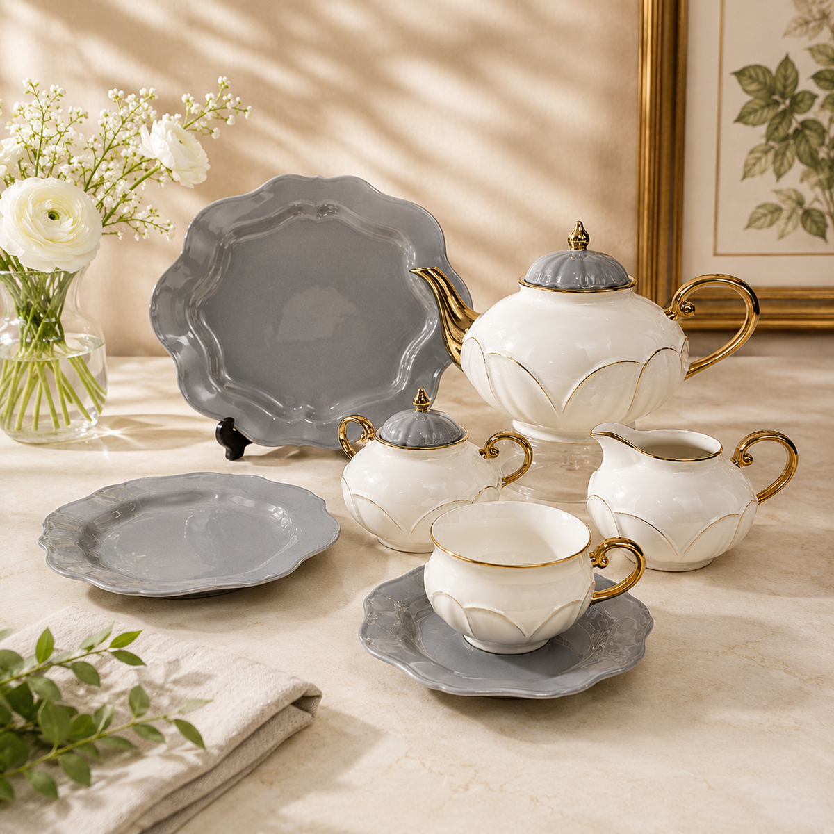 Forsacchi 28 Pcs Premium Porcelain Tea Set – Elegant White & Grey Ceramic Tea Set with Gold Accent, Teapot, Cups, Saucers & Serving Plates for 6 Persons | Luxury Tea & Coffee Serving Set
