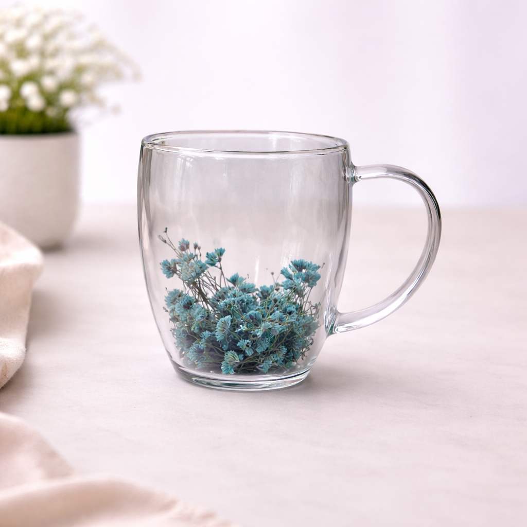 Double Wall Floral Mug – Transparent Tea & Coffee Cup with Dried Flowers