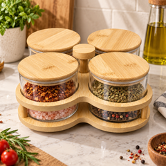 5 Piece Revolving Transparent Jar Set with Wooden Lids | Kitchen Storage Organizer