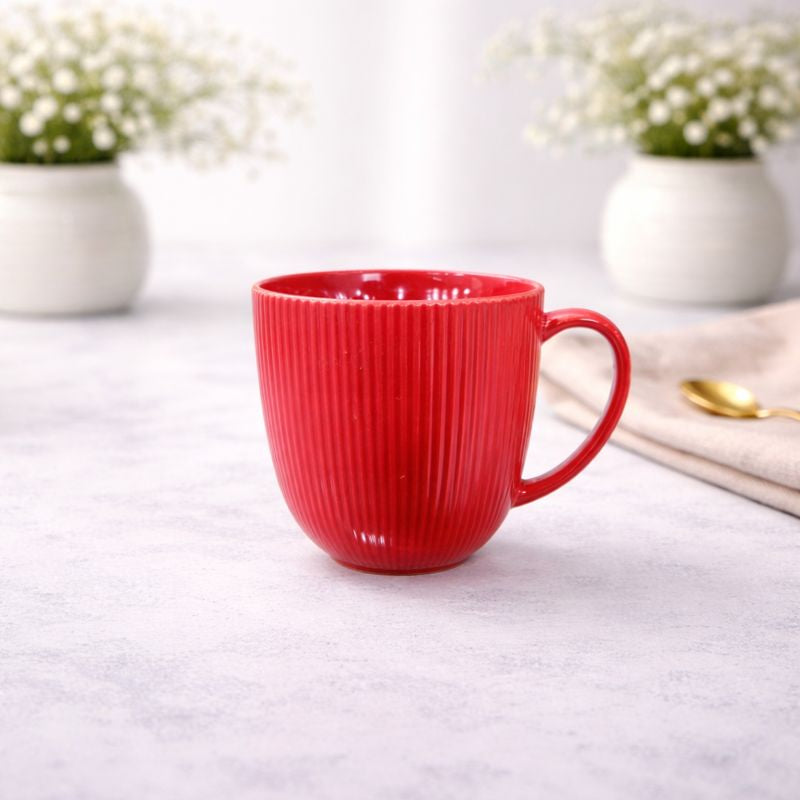 Ribbed Red Ceramic Coffee Mug – Gloss Finish Tea & Coffee Cup - Habitt