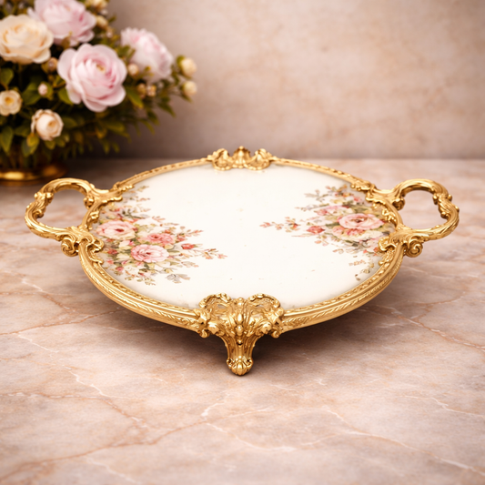 Round Flat Tray – Elegant Decorative Serving Platter with Ornate Handles - Habitt