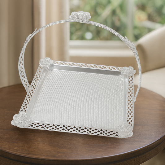 Floral Square Basket – Medium Silver Decorative Serving & Display Basket