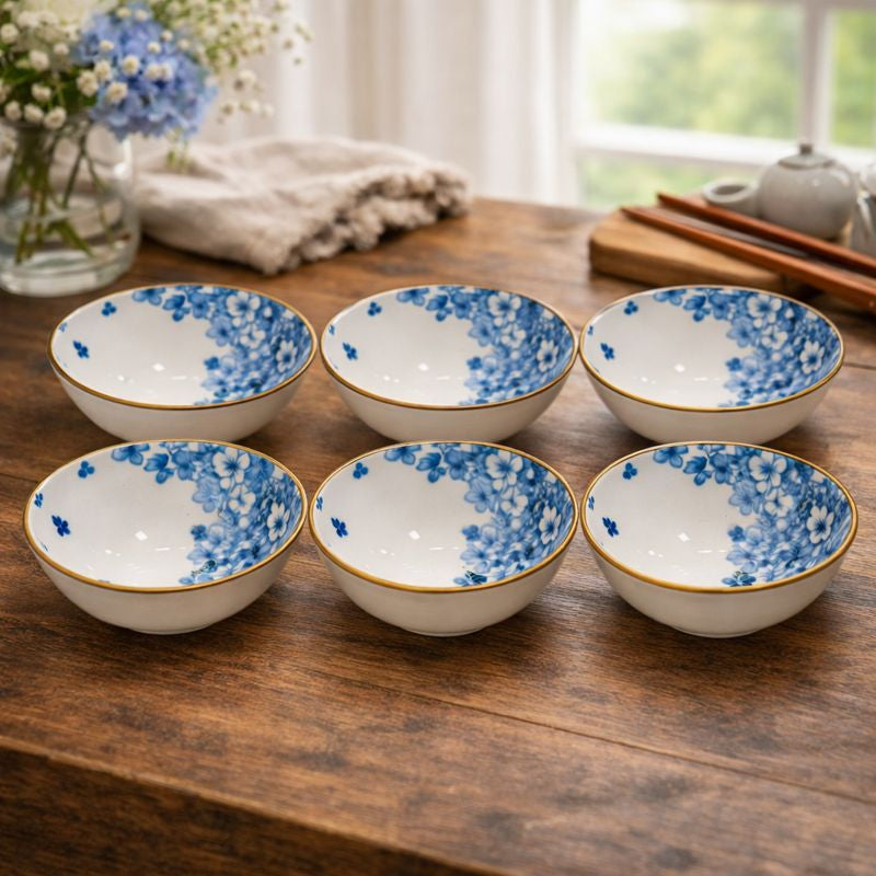 6PC Ceramic Bowl Set – Blue Floral Design with Gold Rim | Elegant Serving Bowls - Habitt