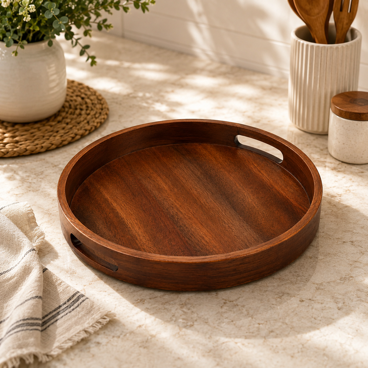 Wooden Serving Tray – Round Mango Wood Tray with Handles | 13 × 13 × 2 in