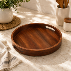 Wooden Serving Tray – Round Mango Wood Tray with Handles | 13 × 13 × 2 in