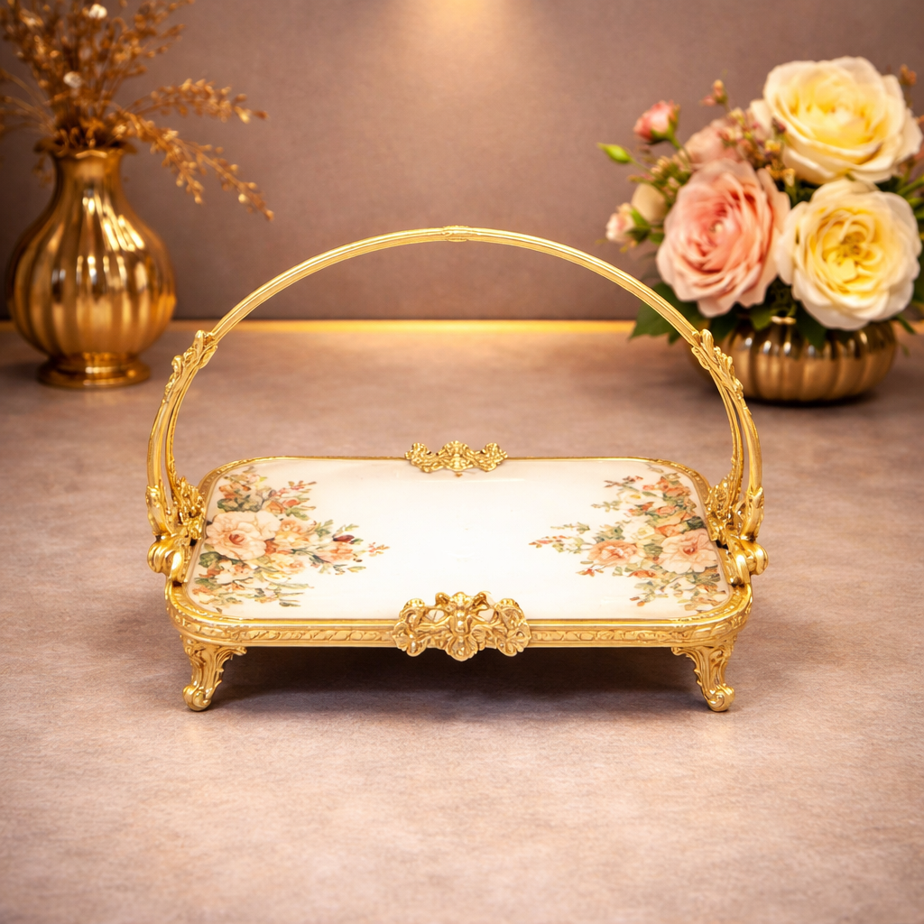 Flat Basket Tray – Elegant Floral Serving Tray with Handle - Habitt