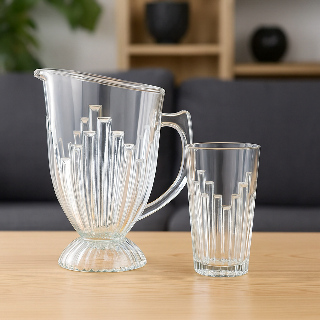 Footed Ribbed Glass Water Set – 7-Piece Set (1.2 L Jug + 370 mL Glasses)