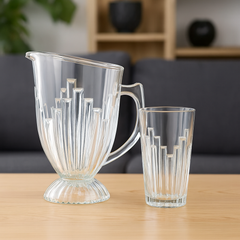 Footed Ribbed Glass Water Set – 7-Piece Set (1.2 L Jug + 370 mL Glasses)