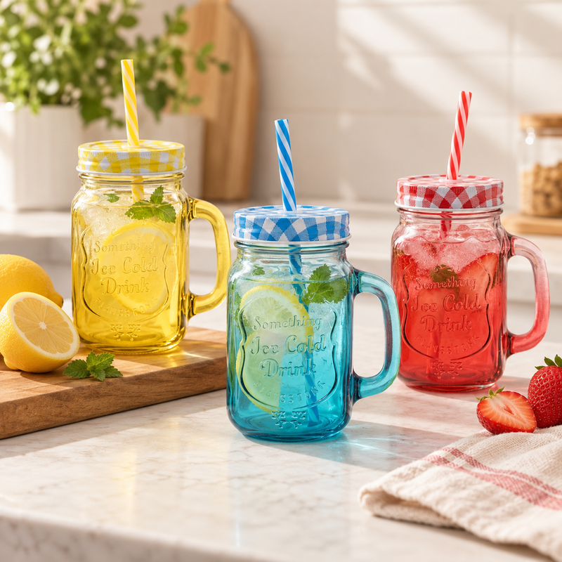 Assorted Color Mason with Handle & Straw | Glass Drinking