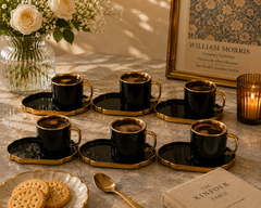 Sol Stylish Cup &amp; Saucer Set of 6 – Black & Gold Porcelain Coffee Set 90121 - Habitt