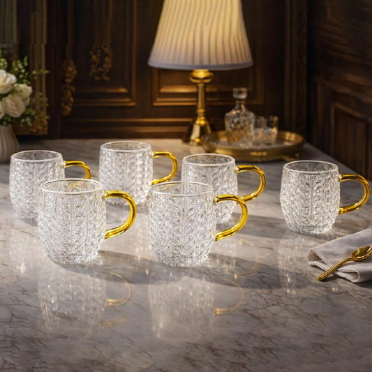 Textured Glass Mug Set Pack of 6 with Golden Handle – Elegant Tea & Coffee Cups