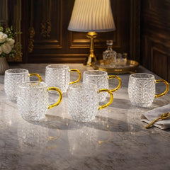 Textured Glass Mug Set Pack of 6 with Golden Handle – Elegant Tea & Coffee Cups