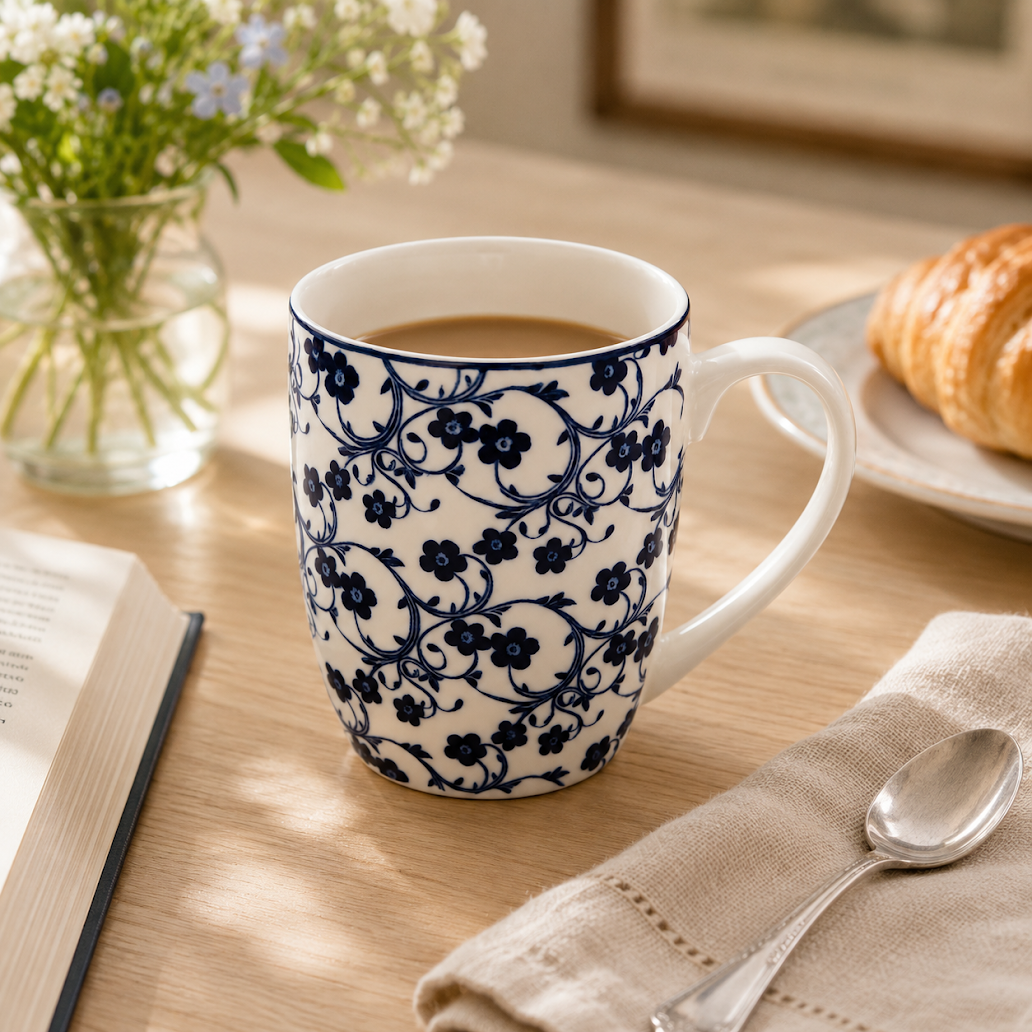 Ceramic Mug 400ml – Blue Floral Pattern - Habitt