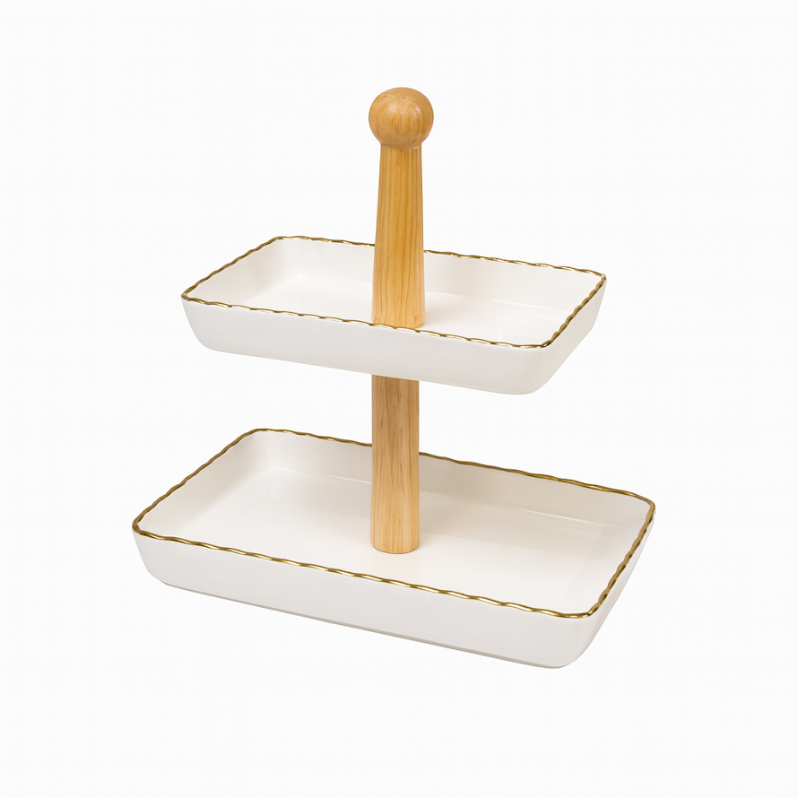 Stylish 2-Tier Rectangular Ceramic Stand – White with Gold Rim
