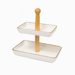 Stylish 2-Tier Rectangular Ceramic Stand – White with Gold Rim