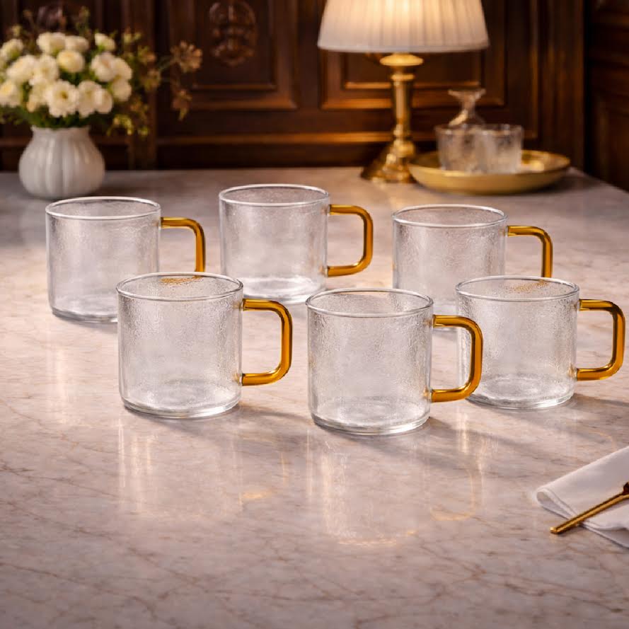 Pack of 6 Textured Glass Mug  with Colorful Handle – Elegant Tea & Coffee Cup - Habitt