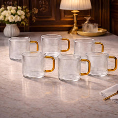 Pack of 6 Textured Glass Mug  with Colorful Handle – Elegant Tea & Coffee Cup - Habitt