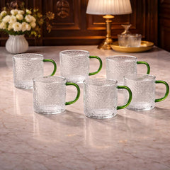 Pack of 6 Textured Glass Mug with Green Handle – Elegant Tea & Coffee Cup