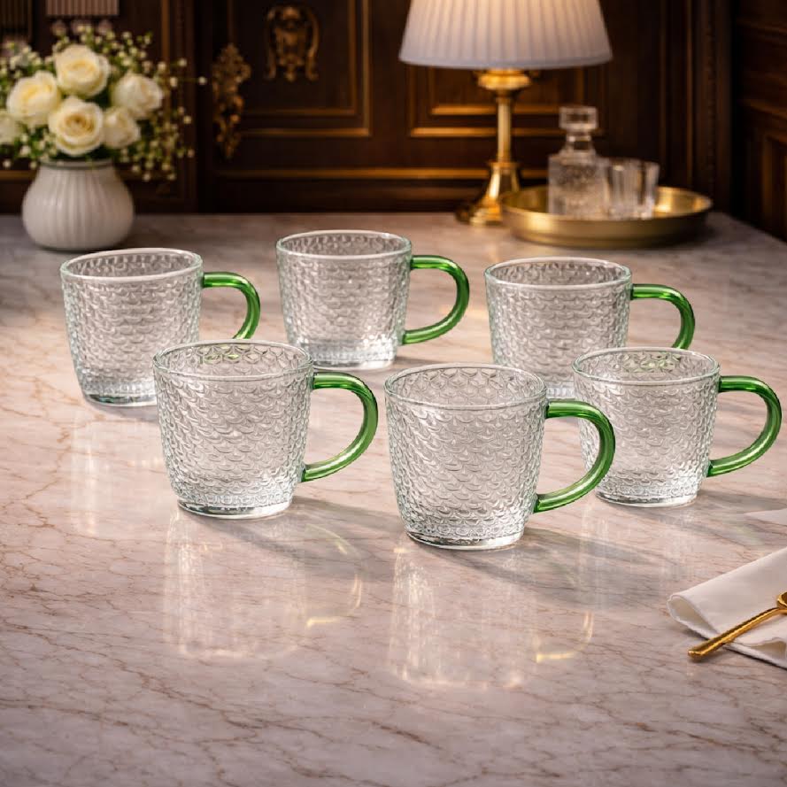 Pack of 6 Textured Glass Mug with Green Handle – Elegant Tea & Coffee Cup