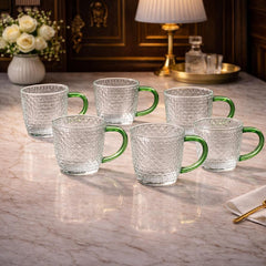 Pack of 6 Textured Glass Mug with Green Handle – Elegant Tea & Coffee Cup