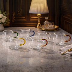 Clear Glass Mug Set of 6  with Color Handle – Modern Tea & Coffee Cups