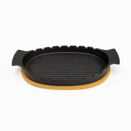 Stylish Oval Ceramic Sizzler with Wooden Base – Black