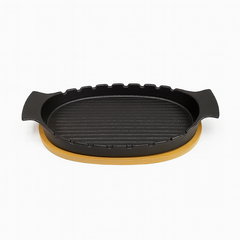 Stylish Oval Ceramic Sizzler with Wooden Base – Black