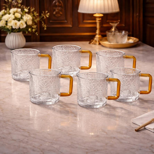 Pack of 6 Textured Glass Mug with Colorful Handle – Elegant Tea & Coffee Cup - Habitt