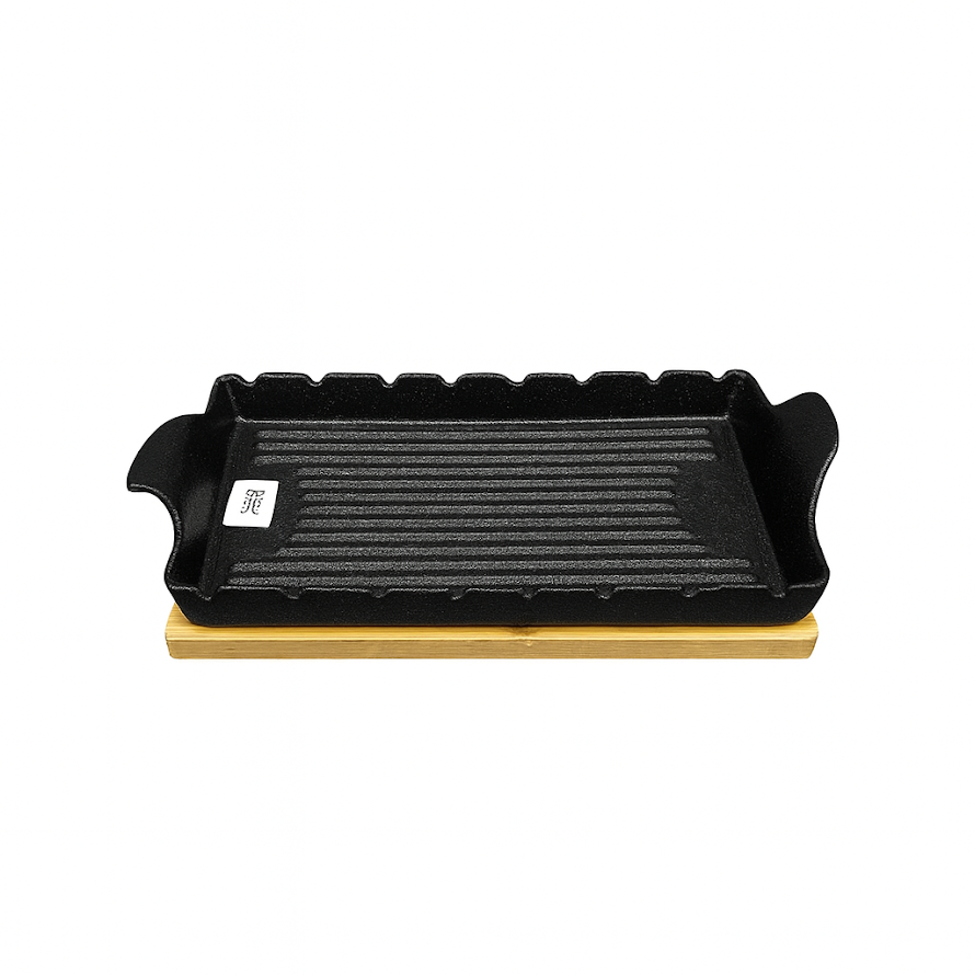 Stylish Rectangular Ceramic Sizzler with Wooden Base – Black