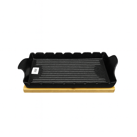 Stylish Rectangular Ceramic Sizzler with Wooden Base – Black
