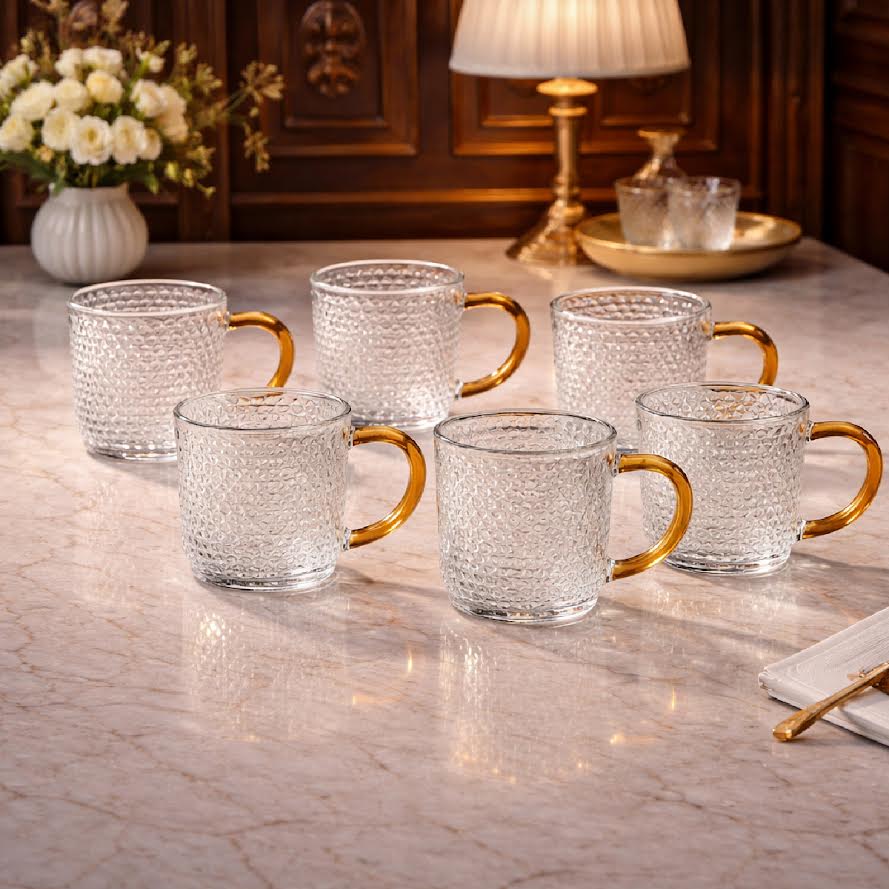 Pack of 6 Textured Glass Mug with golden Handle – Elegant Tea & Coffee Cup - Habitt