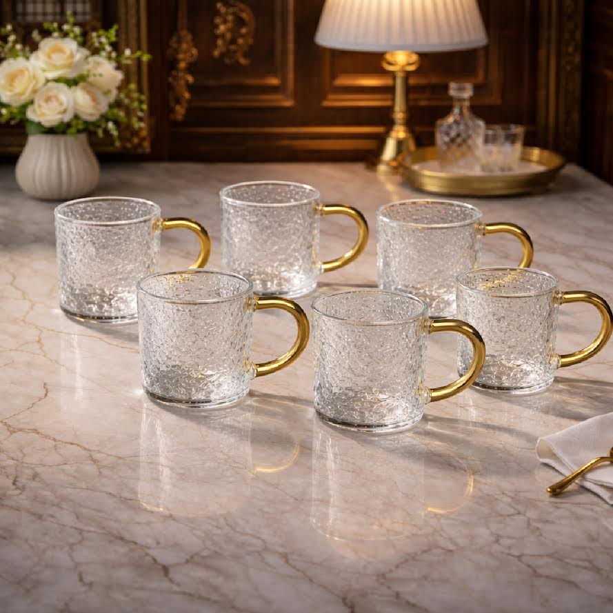 Textured Glass Mug with Golden Handle – Elegant Tea & Coffee Cup