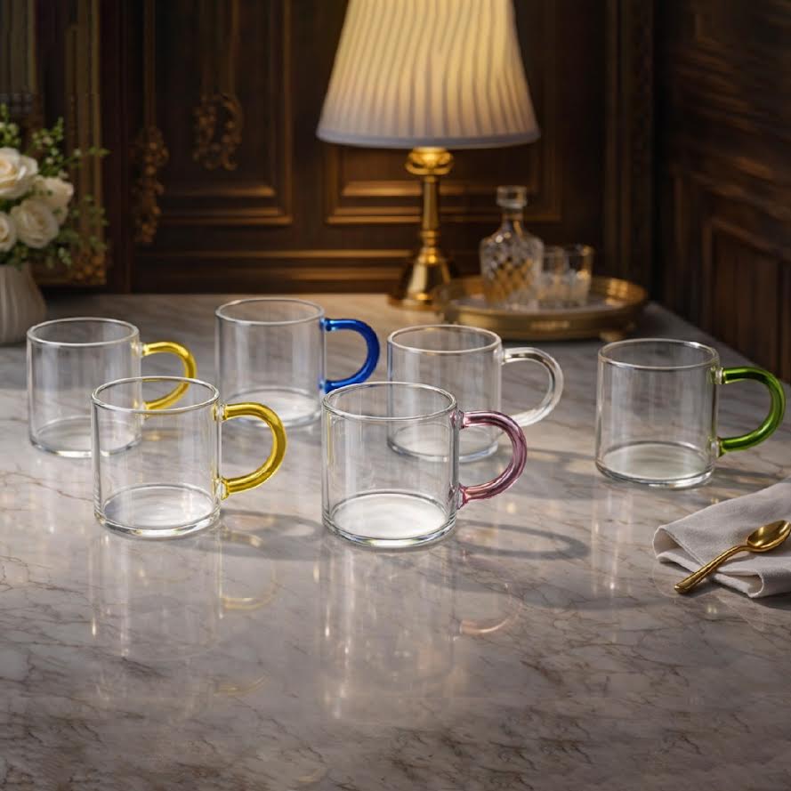 Clear Glass Mug Set of 6  with Color Handle – Modern Tea & Coffee Cups