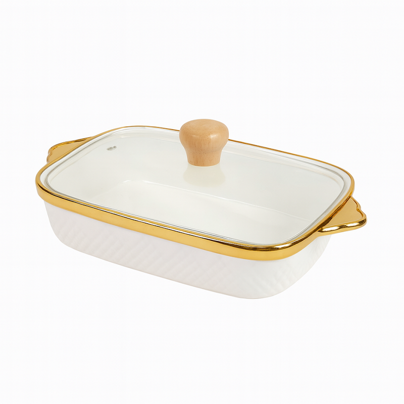 Stylish Rectangular Ceramic Serving Dish with Glass Lid – White & Gold - Habitt