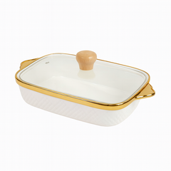 Stylish Rectangular Ceramic Serving Dish with Glass Lid – White & Gold