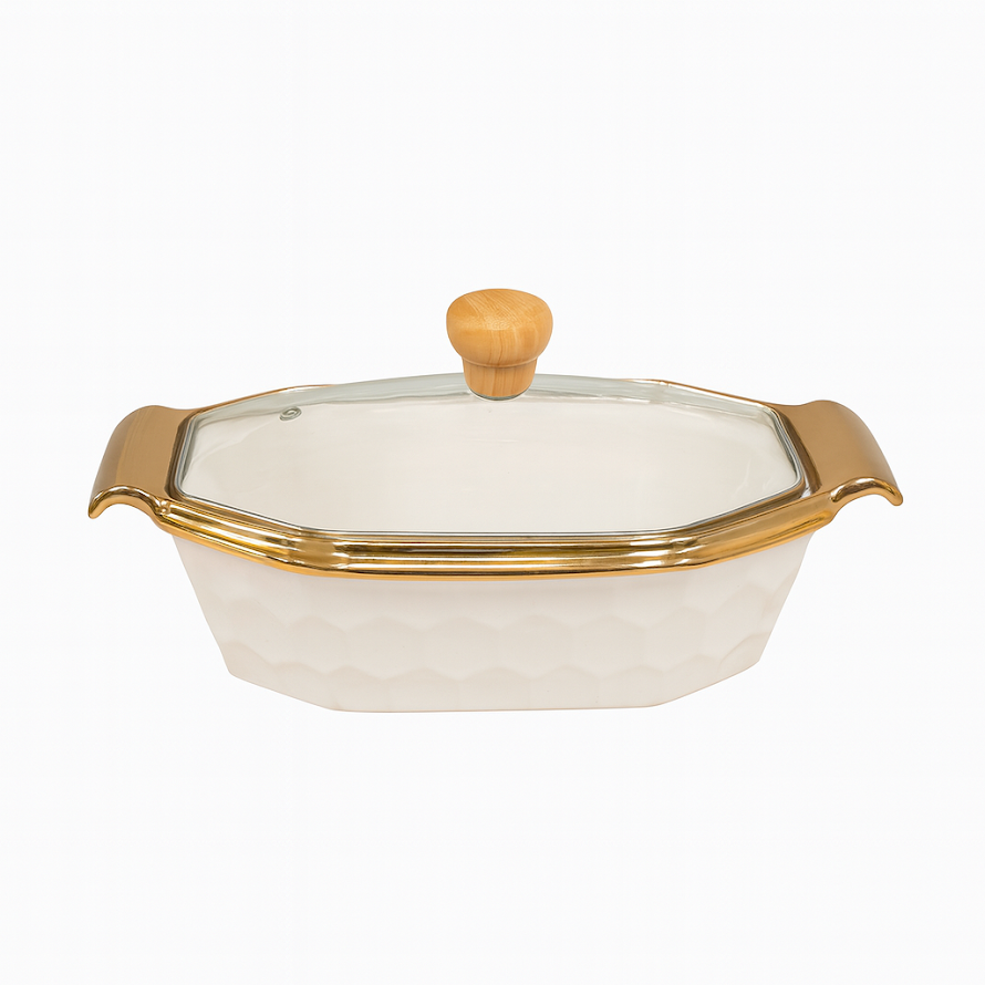 Rectangular Ceramic Serving Dish with Glass Lid – White &amp; Gold
