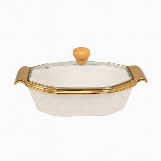 Rectangular Ceramic Serving Dish with Glass Lid – White &amp; Gold